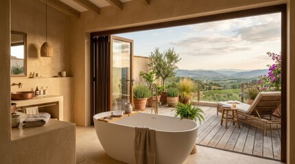 Fototapeta premium Luxury bathroom with a freestanding tub opens to a scenic Tuscan valley view