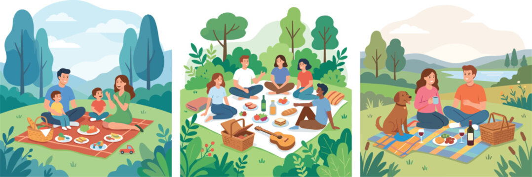 Family and friends enjoying outdoor picnic in park with food, nature scenery, relaxing weekend gathering and leisure lifestyle concept