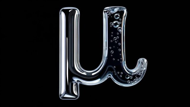 3D rendered Greek letter Mu symbol with clear liquid water bubbles and chrome reflection on a black background, representing science, micro-measurements, and fluid dynamics.