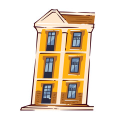 Naklejka premium Portuguese yellow house with tall facade, blue windows, dark door, cream columns and brown roof. Lisbon street detail with Portuguese yellow house, cartoon vector illustration.