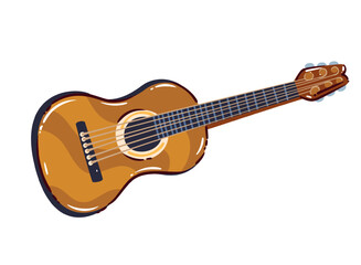 Obraz premium Acoustic guitar with wooden body, round sound hole, long neck, strings, frets and tuning pegs. Fado music detail with acoustic guitar, cartoon vector illustration.