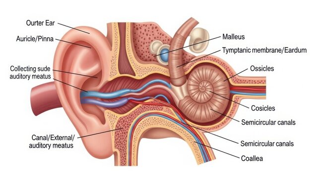 Detailed anatomy of the human ear illustrating its major components
