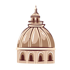 Naklejka premium Portuguese church dome with arched windows, ribbed roof, lantern tower, columns and beige stone facade. Lisbon landmark detail with Portuguese church dome, cartoon vector illustration.