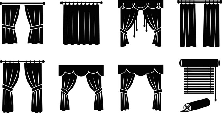 Window curtain icon set in eps format featuring various interior shade drapery designs.