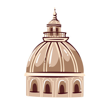 Portuguese church dome with arched windows, ribbed roof, lantern tower, columns and beige stone facade. Lisbon landmark detail with Portuguese church dome, cartoon vector illustration.
