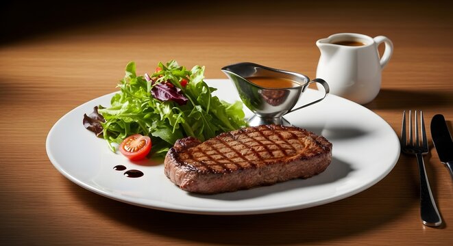 Daging panggang lezat dengan salad sayuran segar tomat ceri dan saus pelengkap di atas piring putih berlatar meja kayu