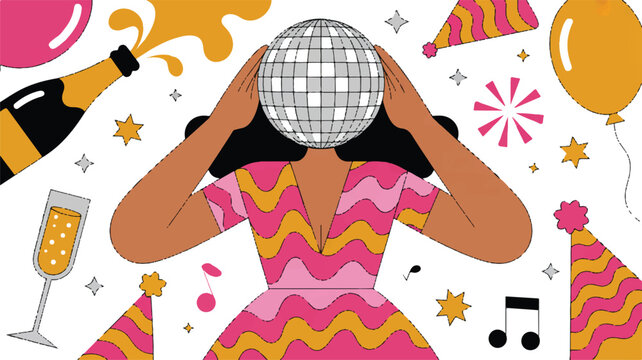 A stylized illustration of a woman covering her face with a disco ball at a vibrant party scene with champagne and balloons