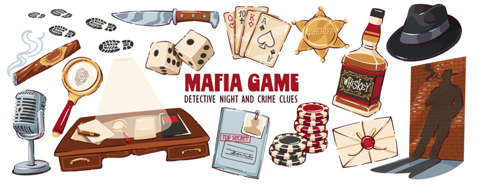 Mafia game set with detective props, cards, dice, sheriff badge, whiskey bottle and clue icons. Crime night board elements for mafia game party play, cartoon vector illustration.