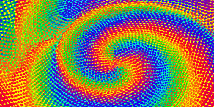 A psychedelic spiral vector illustration featuring a colorful rainbow spectrum of circular swirls and fractal light patterns for an abstract art wallpaper design
