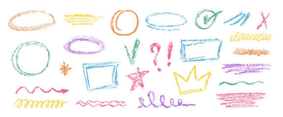 Crayon doodle elements set with speech bubbles, frames, arrows, crown, star, marks and scribble lines. Kids notes, comic stickers and highlight design with crayon doodle elements, vector illustration © Victoria Sergeeva
