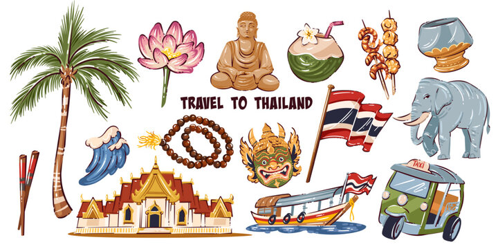 Travel to Thailand set with temple, flag, elephant, tuk tuk, longtail boat, Buddha, palm, lotus, waves and prayer beads. Tourism icons with Travel to Thailand set, doodle vector illustration.