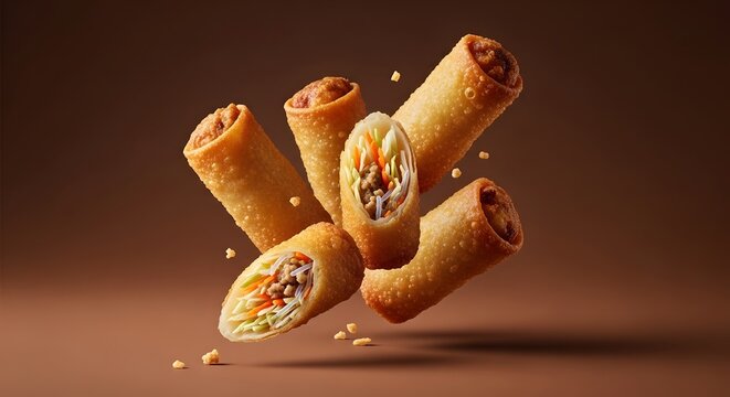 Lumpia goreng isi sayuran melayang di udara dengan remahan yang berjatuhan, konsep fotografi makanan yang dinamis dengan latar belakang cokelat.