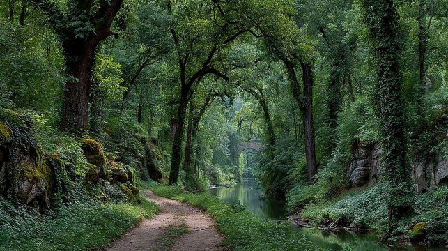 Serene Woodland Dirt Path by Forest Stream with Stone Arch Bridge, Mossy Rocks, Lush Green Foliage - Peaceful Natural Landscape for Outdoor Hiking, Relaxation and Nature-Inspired Designs
