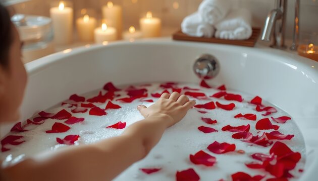 There is a woman taking a bath in a bathtub with rose petals on the floor