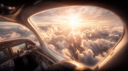Fototapeta premium Travel trip journey. A vivid, highresolution photograph captures the interior of an airplane cockpit as the sun sets over a vast expanse of fluffy white clouds. The sky is painted with hues of orange.