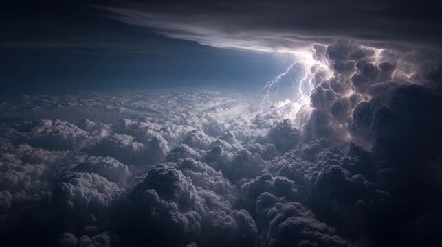 Travel trip journey. A dramatic portrayal of a stormy sky. The main subject is a large, swirling cloud formation, illuminated by a bright lightning bolt striking through it.