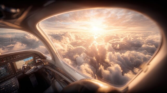 Travel trip journey. A vivid, highresolution photograph captures the interior of an airplane cockpit as the sun sets over a vast expanse of fluffy white clouds. The sky is painted with hues of orange.