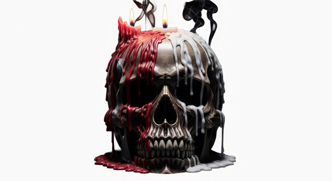Mystical skull with dripping red wax illuminated by candlelight in a dark atmospheric setting