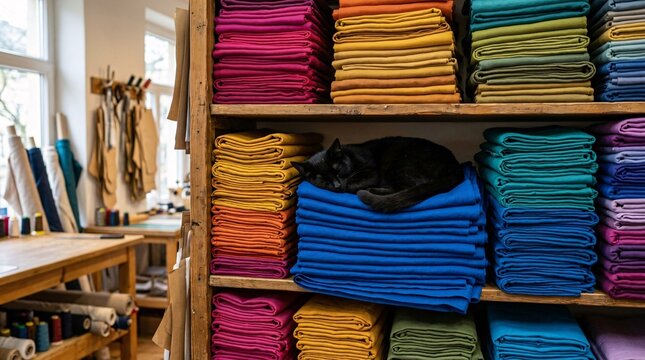Neatly organized rustic wooden shelving unit completely filled with folded stacks of brightly colored fabrics holding a sleeping black cat.