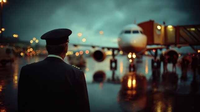 Travel trip journey. A moody, atmospheric portrayal of an airport at twilight. The main subject is a pilot, facing away from the viewer, wearing a dark uniform with gold epaulettes and a flat cap.