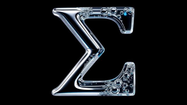 3D rendered metallic Sigma symbol with internal bubbles and a reflective liquid surface on a black background.
