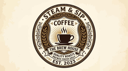 Fototapeta premium Vintage coffee shop logo featuring a steaming cup, decorative elements, and establishment date