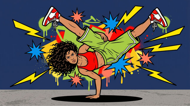 /output/Breakdancer Girl Vector Illustration in Freeze Move with Pop Art Graffiti Style.eps