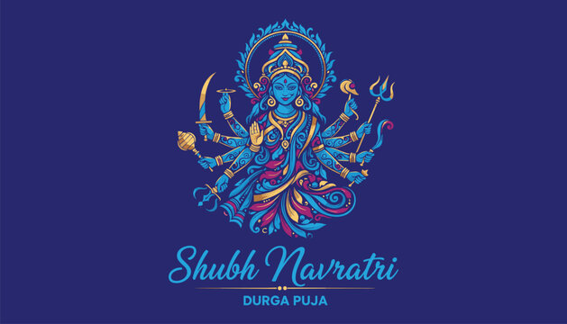 Shubh Navratri Durga Puja Blue Goddess with Multiple Arms on Dark Navy Background Vector Illustration