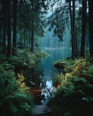 Fototapeta premium A serene forest scene with a tranquil lake surrounded by tall trees and lush greenery at dusk.