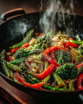 Steaming vegetables sizzling in a large pan on a wooden table indoors.