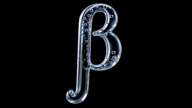 Glass beta symbol with water and bubbles on a clean black background