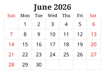 2026 june printable calendar planner. English monthly page vector template Sunday start