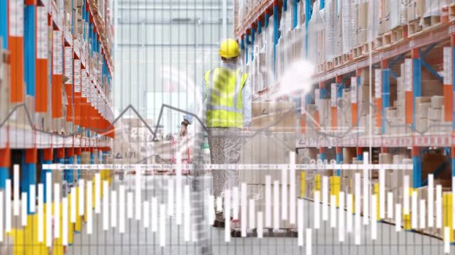 Warehouse worker pushing dolly with boxes down aisle as order alert appearing, HUD charts following