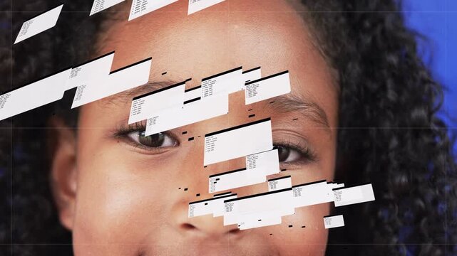 Girl smiling panels appearing on start crossing eyes or nose settling bands revealing face for desig