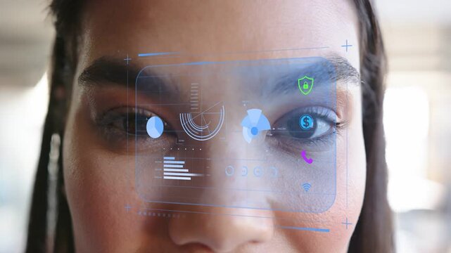 Woman scanning AR HUD on appearance, charts and icons registering in eyes for security check