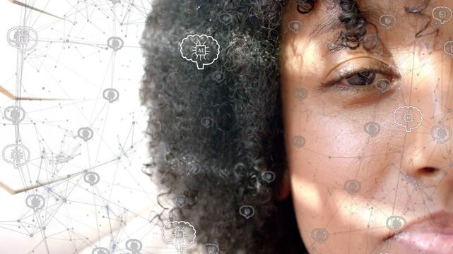 Woman blinking while sunlight shifts, AI node overlay mapping neural connections over face