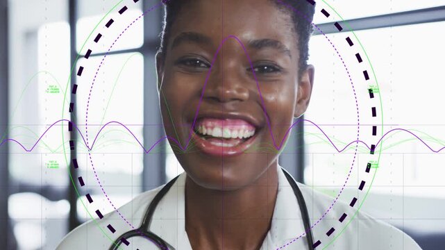 Woman doctor facing cam, cam revealing face, HUD ring and waves circling steth showing health data