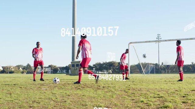 Male soccer players passing for drill left player getting ball and shooting HUD numbers overlaying