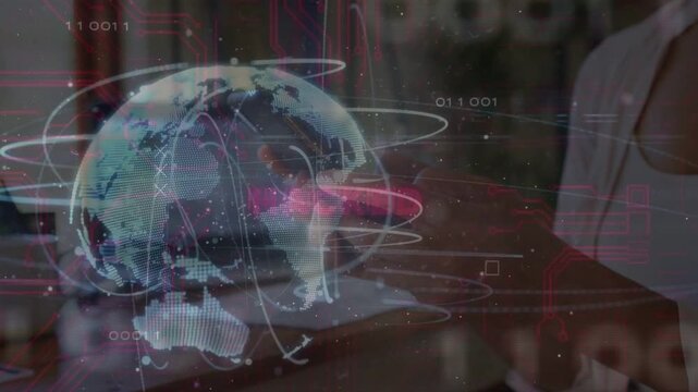 Mature woman tapping smartphone, activating holographic globe and HACKED alert for cybersecurity