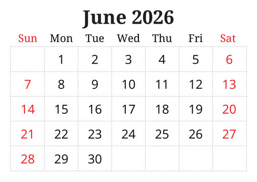 2026 june printable calendar planner. English monthly page vector template Sunday start
