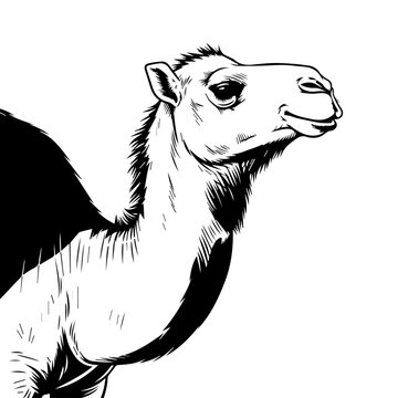 Striking monochrome illustration of a regal desert camel's head, featuring intricate linework and a serene profile, ideal for a refined vector artboard design or graphic project