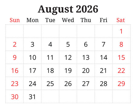 2026 august printable calendar planner. English monthly page vector template Sunday start