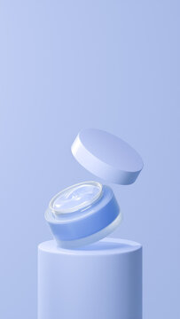 isolated floating pot cream in demure blue color, floating pot cream on a tube podium, floating pot cream with open lid