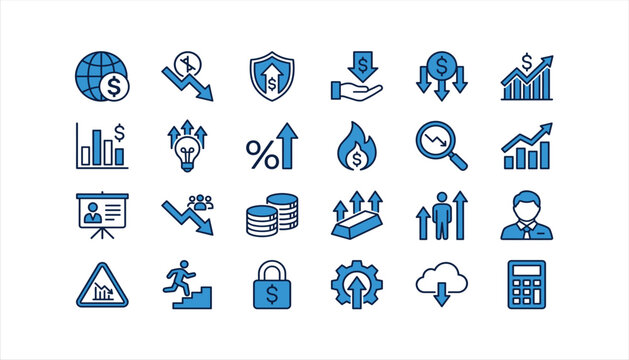 Finance and business icon set with charts, graphs, currency, growth, statistics, and financial management symbols in vector style.