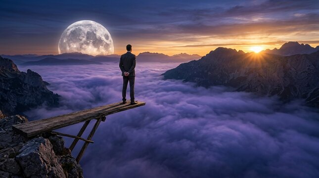 Solitary figure of a businessman in a dark tailored suit standing at the edge of a precarious wooden plank over a deep mountain valley.