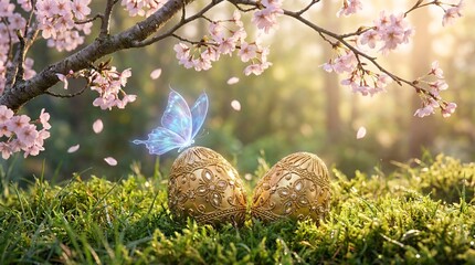 Fototapeta premium Springtime scene featuring two beautifully decorated metallic gold Easter eggs resting softly in lush green grass under cherry blossom trees.