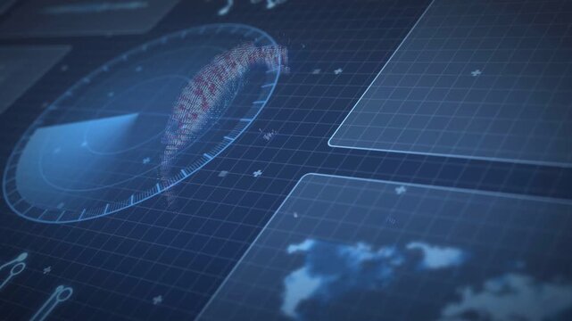 Rotating radar wedge sweeping over globe, dotted data arc extending bars and reforming for tech HUD