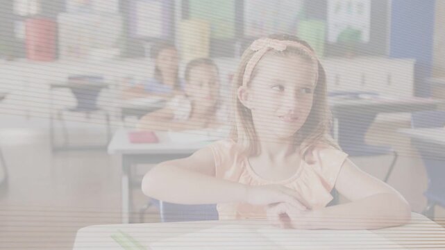 Front student raising hand after glitch clearing, animated icon marking notebook to answer teacher