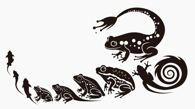Silhouetted depictions of frog life cycle, from tadpole to adult amphibian, against a white background