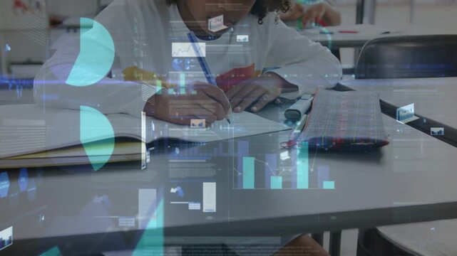 Female student writing, pencil starting translucent data HUD over notebook, visualizing learning